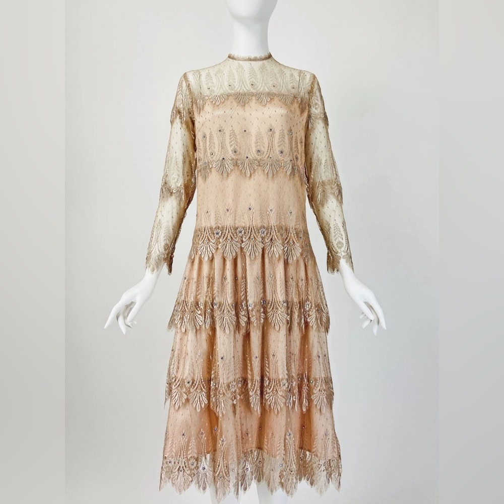 Rina diMontella Beige Lace Long Sleeve Dress
